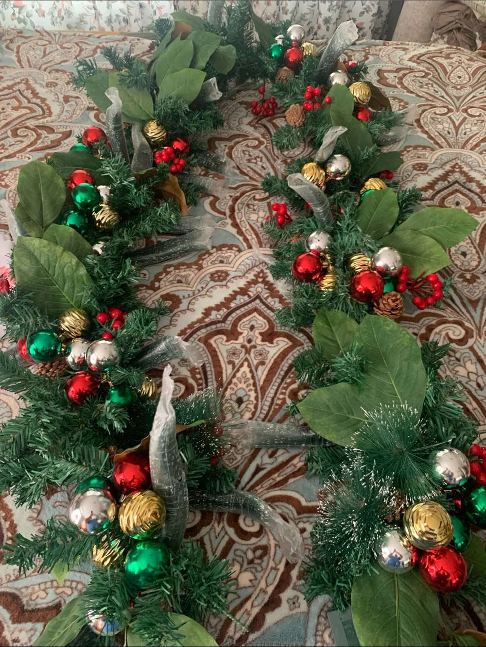 New D,s design Festive Green Holiday Garland with Red, Gold & Silver Ornaments